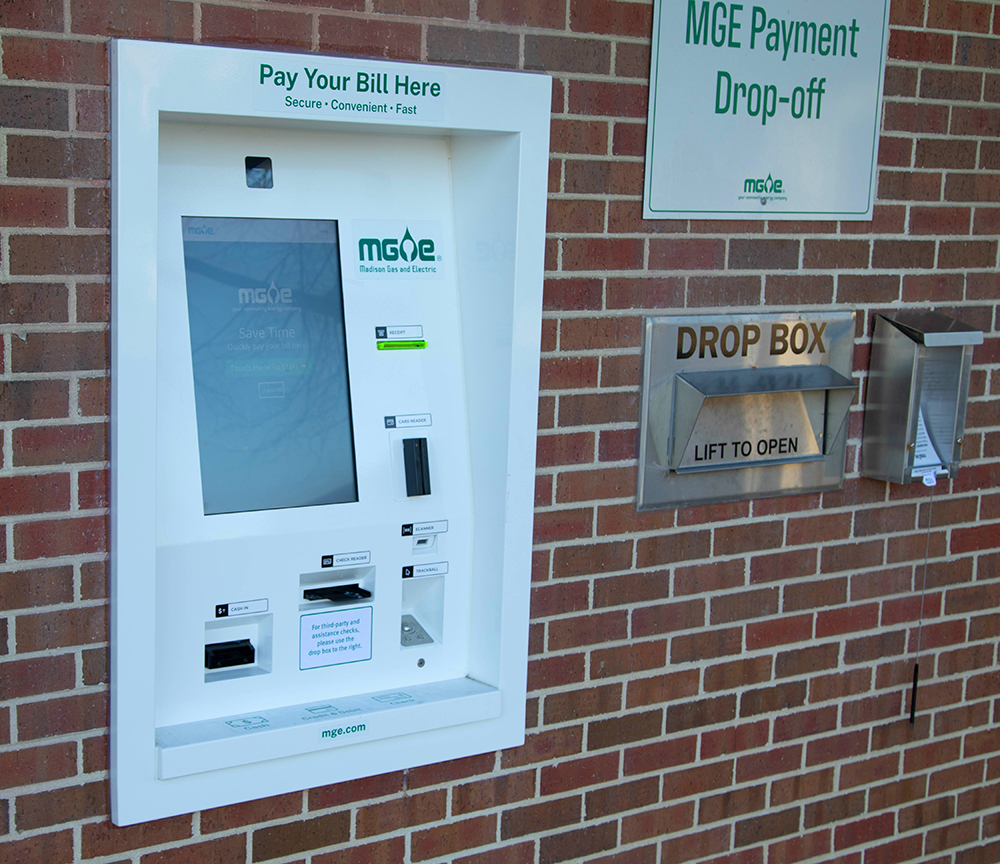 Self-service payment kiosk and payment drop box located outside MGE's Madison office.