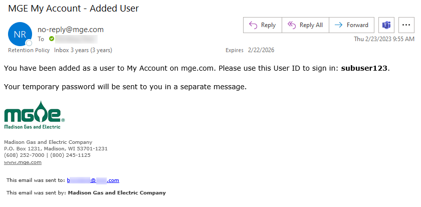 Adding a Sub User in My Account confirmation email