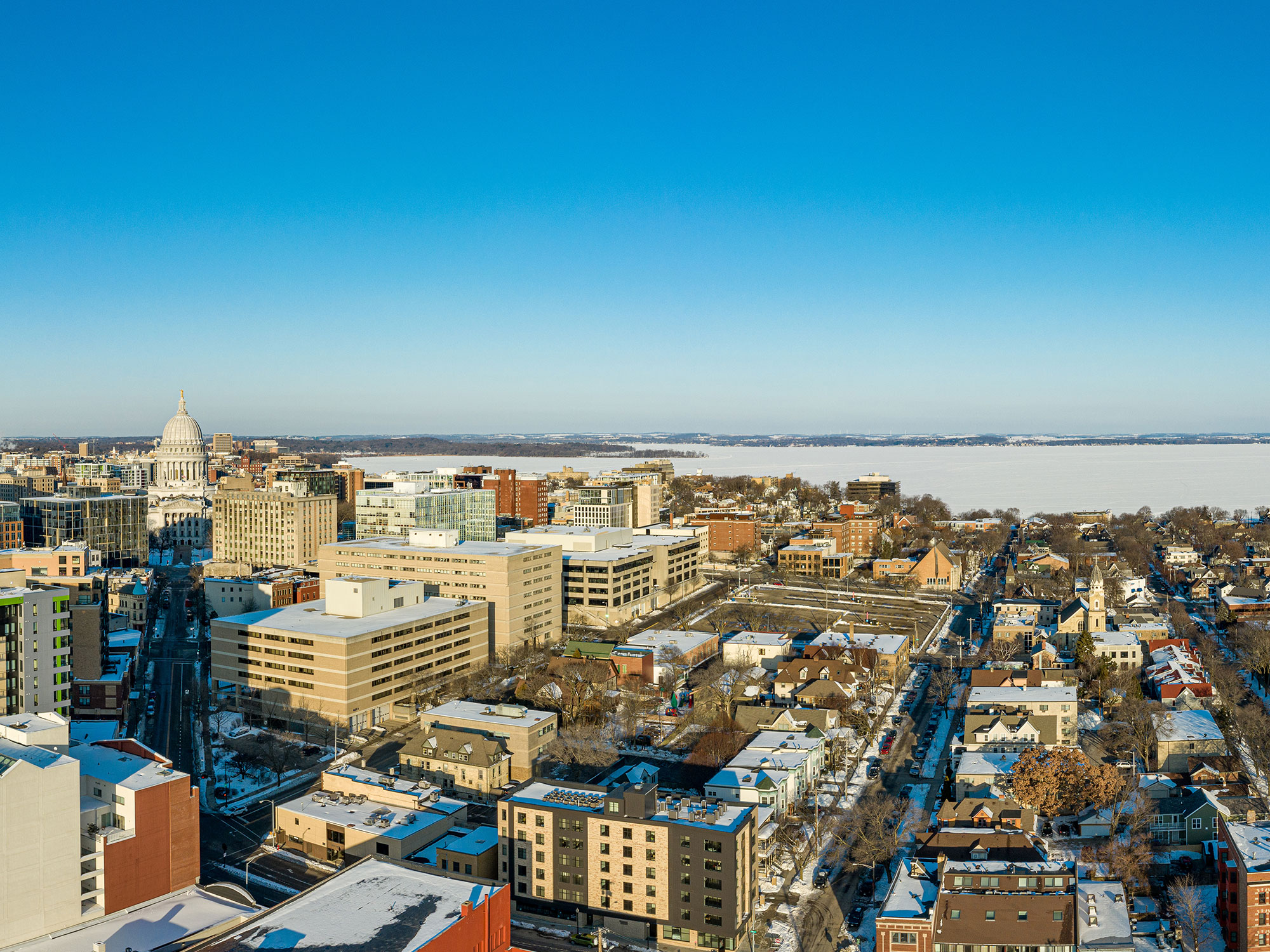 Madison, Wisconsin, aerial view of downtown, on a winter day