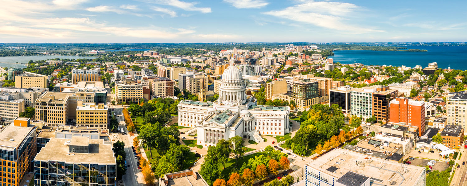 Madison, Wisconsin, aerial view of downtown and the Capitol