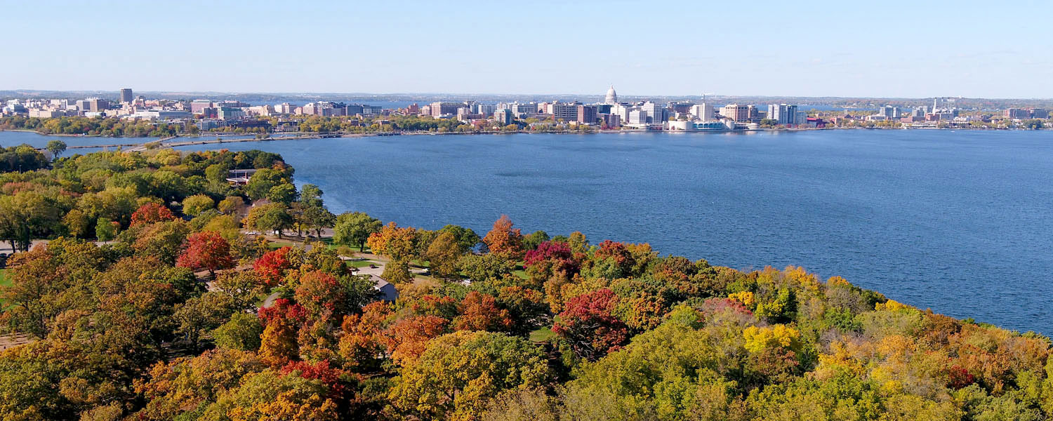 Madison, Wisconsin, aerial view of downtown, Lake Monona and the Capitol on a fall day