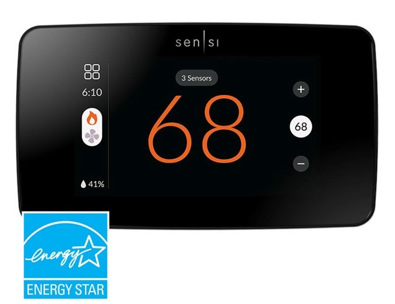 A closeup of a black Emerson Sensi Lite smart thermostat.