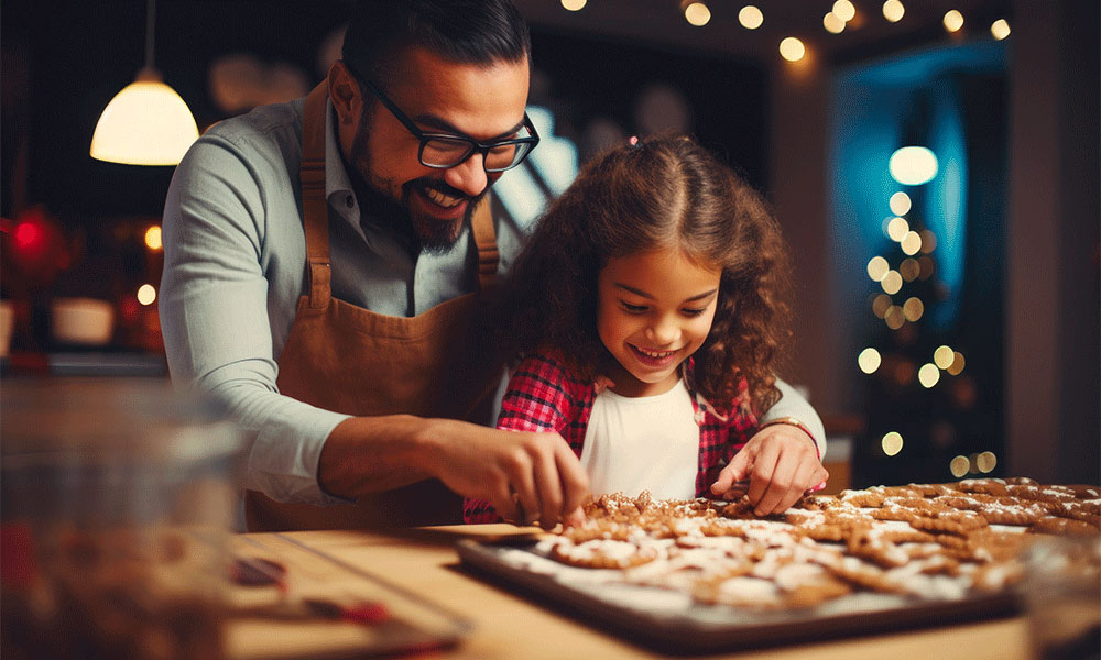 Papá e hija pequeña en la cocina horneando galletas navideñas