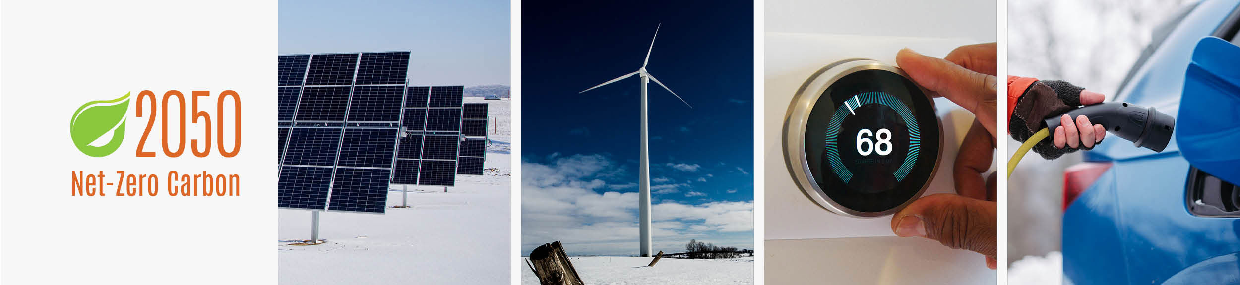 Image collage featuring the Energy 2050 logo, solar panels, a wind turbine, a smart thermostat and an electric vehicle plugged into a charger.