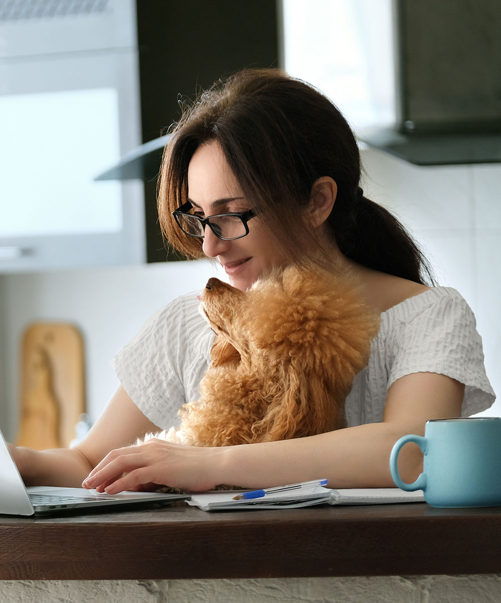 Woman paying bills with miniature poodle on her lap.