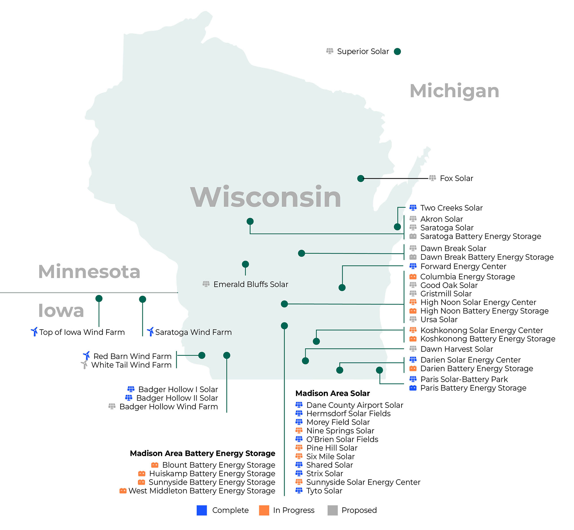 Map showing MGE's clean energy projects