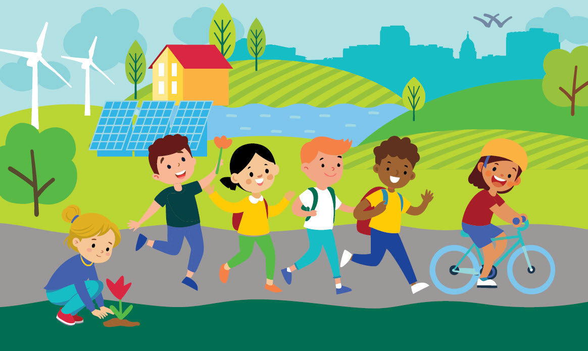 Colorful illustration of several children on a path. In the background are wind turbines, solar panels, green grass and fields, trees, birds in the sky and a city scape.