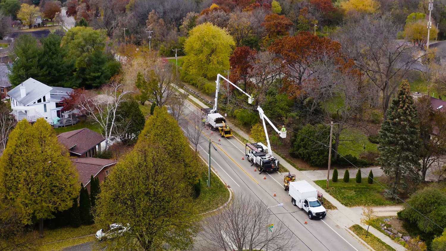 Aerial view of a tree trimming crew on a Madison street