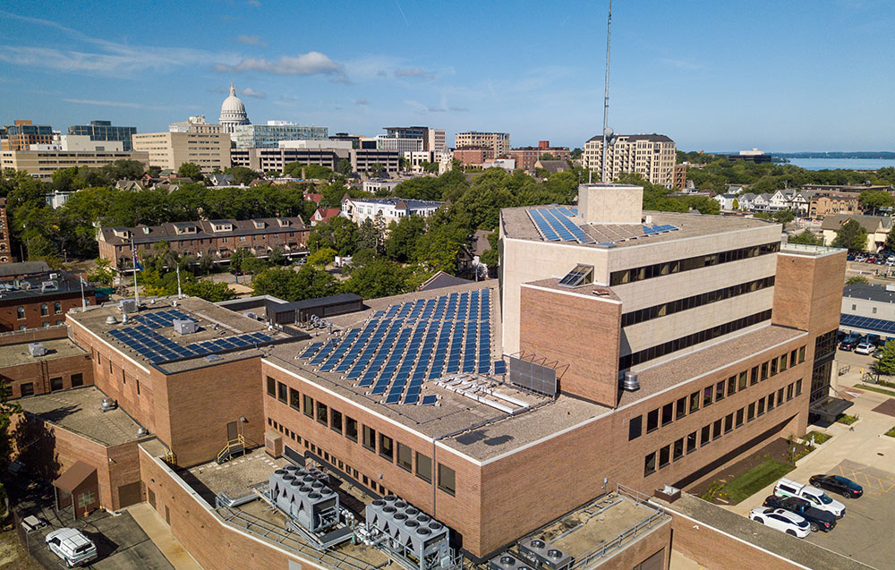 An aerial view of MGE's corporate headquarters in Madison, Wis.