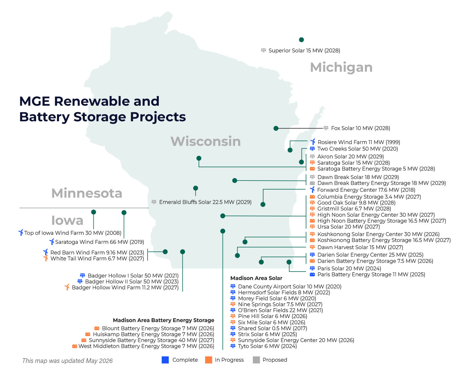 Map showing MGE's clean energy and battery storage investments