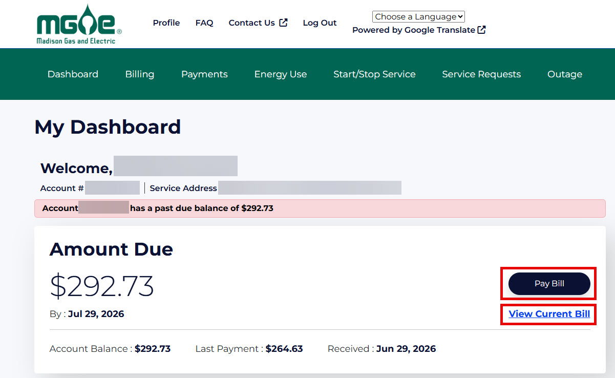 My Account bill screenshot