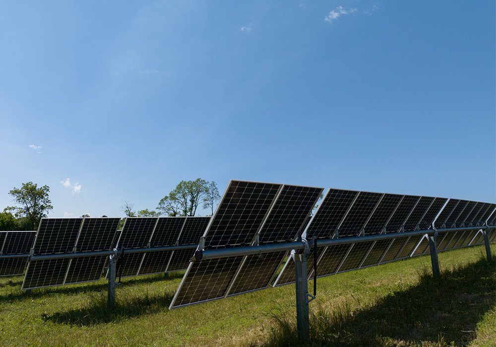 Rows of solar panels at the Darien Solar Energy Center surround silver equipment and five workers.