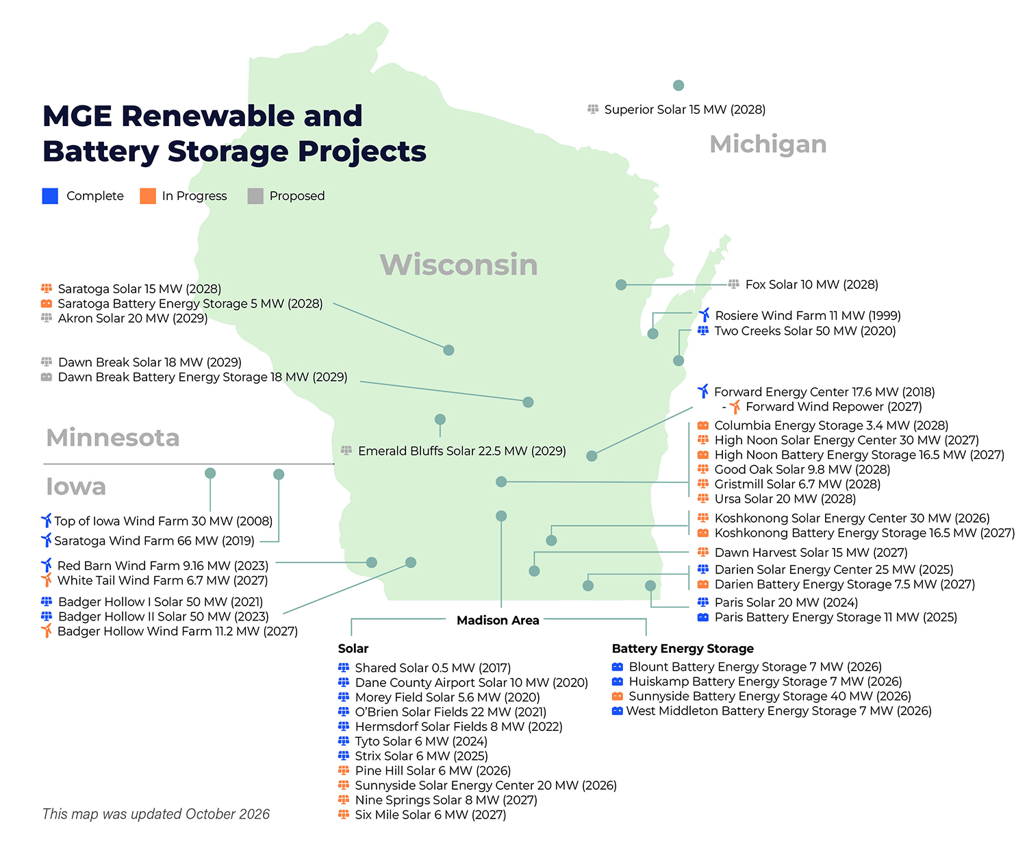 Map showing MGE's clean energy and battery storage projects