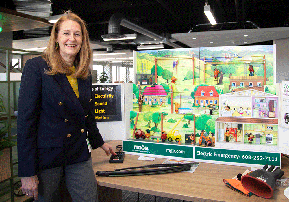 Flossie Baryenbruch uses “Hazard Hamlet” to teach students about electric safety at schools