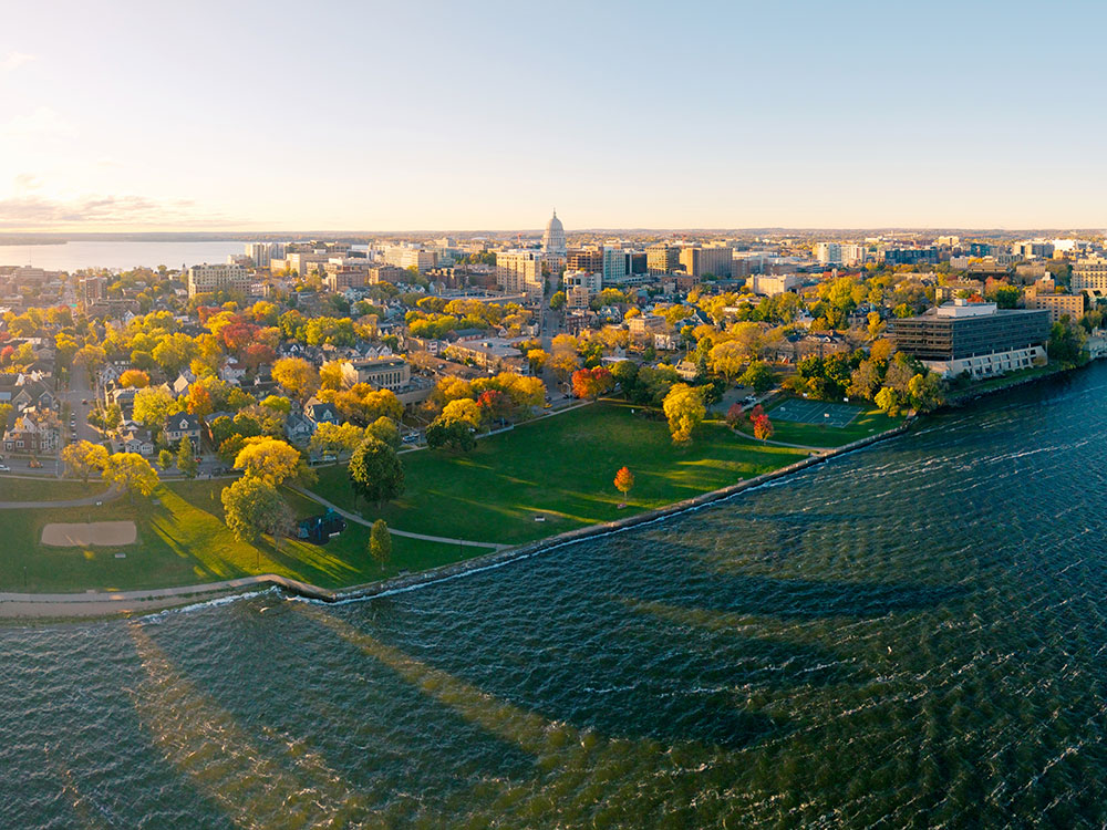 Aerial view of lakes and downtown Madison