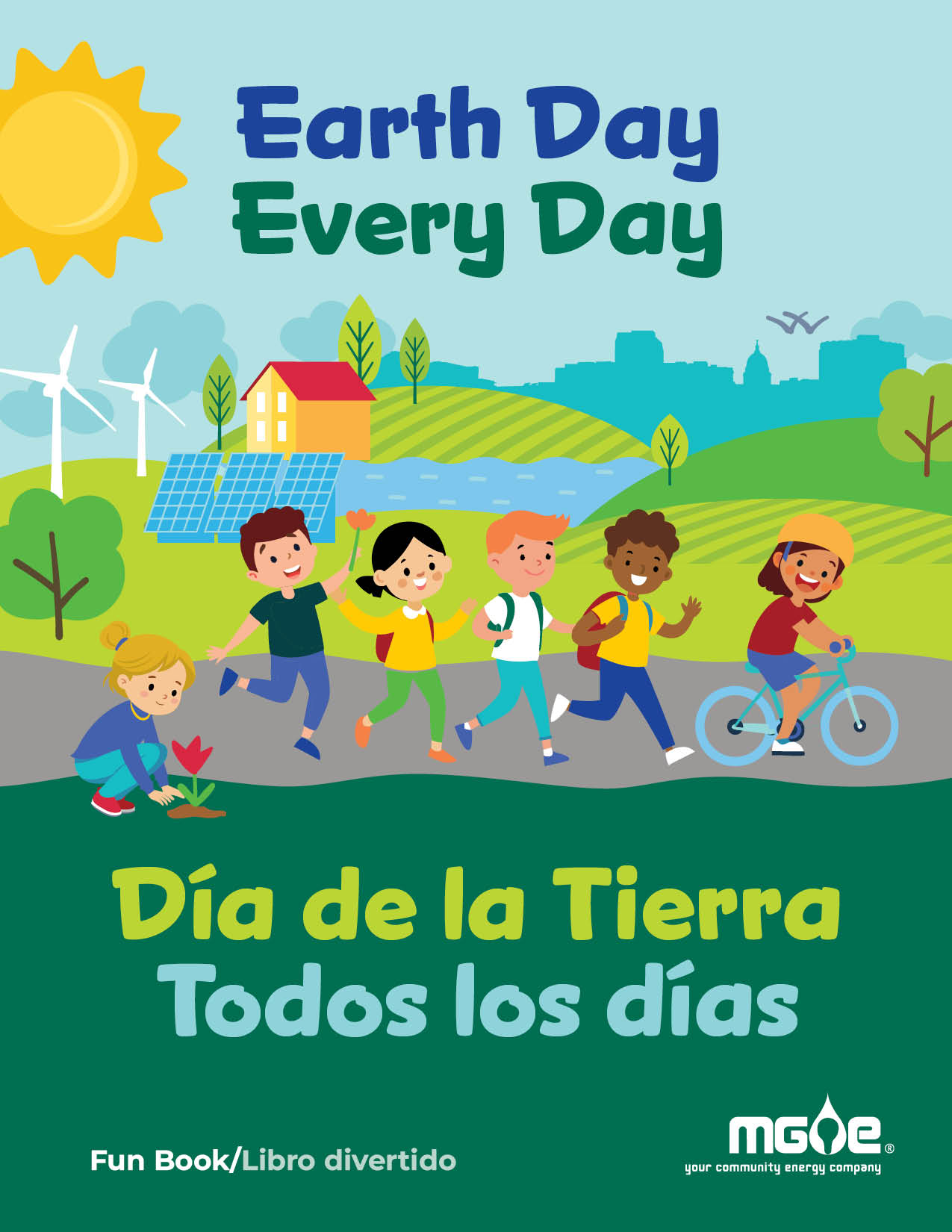 The cover of the book with a group of clipart children along a path and a country scene beyond.