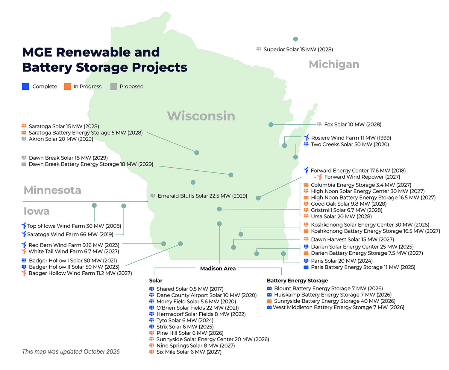 Map showing MGE's clean energy and battery storage investments
