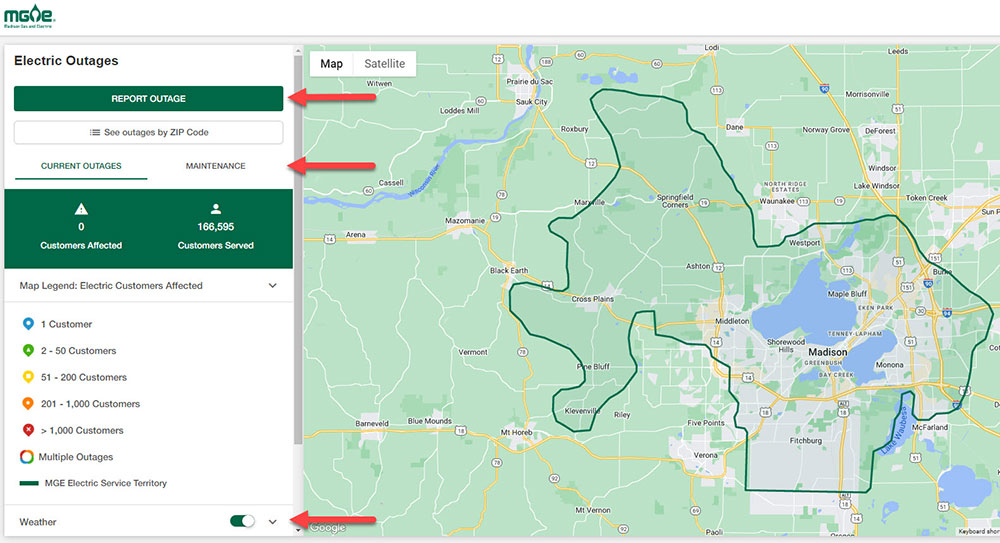 Screenshot of MGE's outage map.