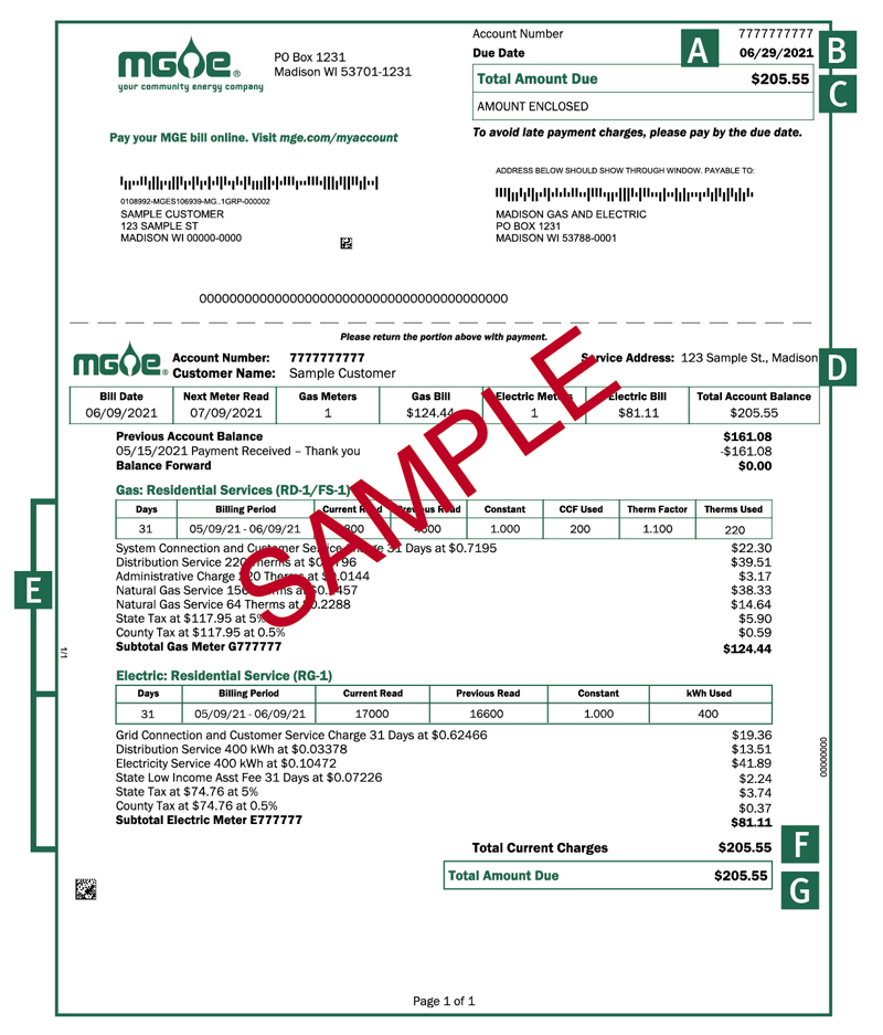Front page of sample MGE bill.