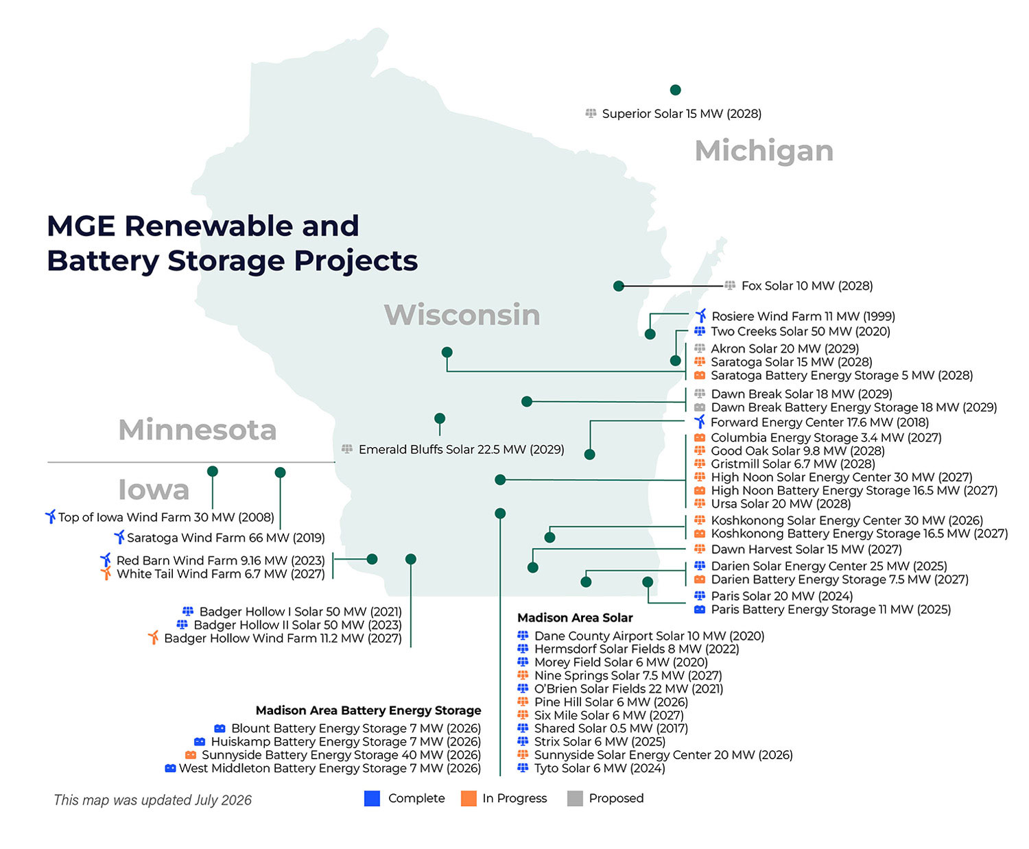 Map showing MGE's clean energy and battery storage projects