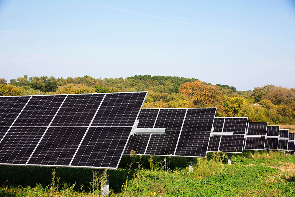 
MGE's Strix Solar in Fitchburg. Green grass and changing leaves on trees in the background.