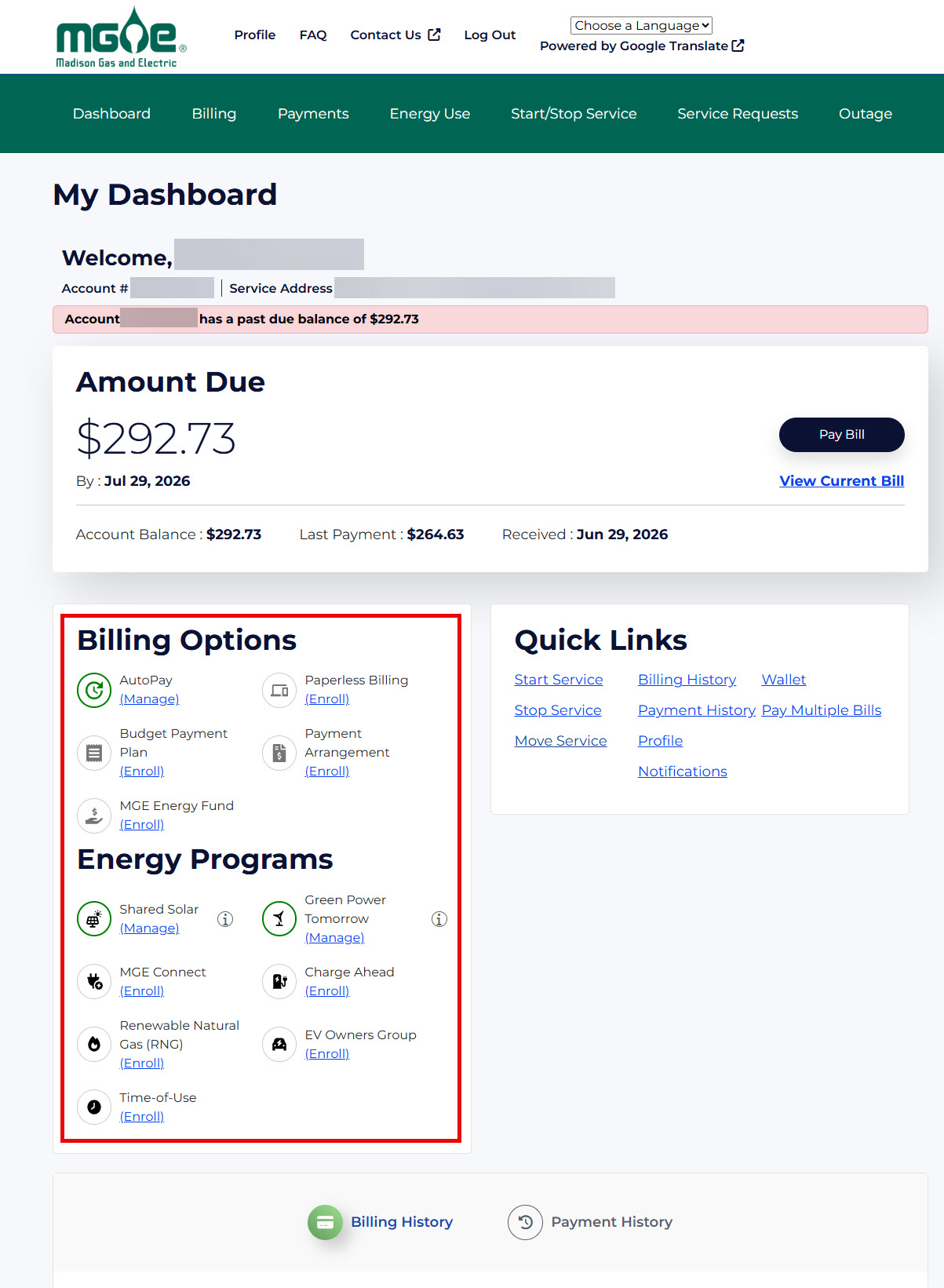 My Account dashboard screenshot