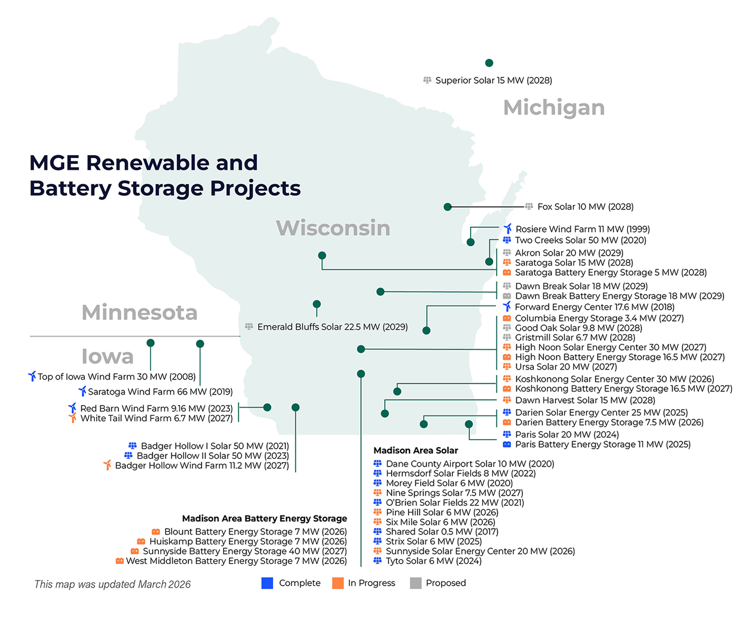 Map showing MGE's clean energy and battery storage investments