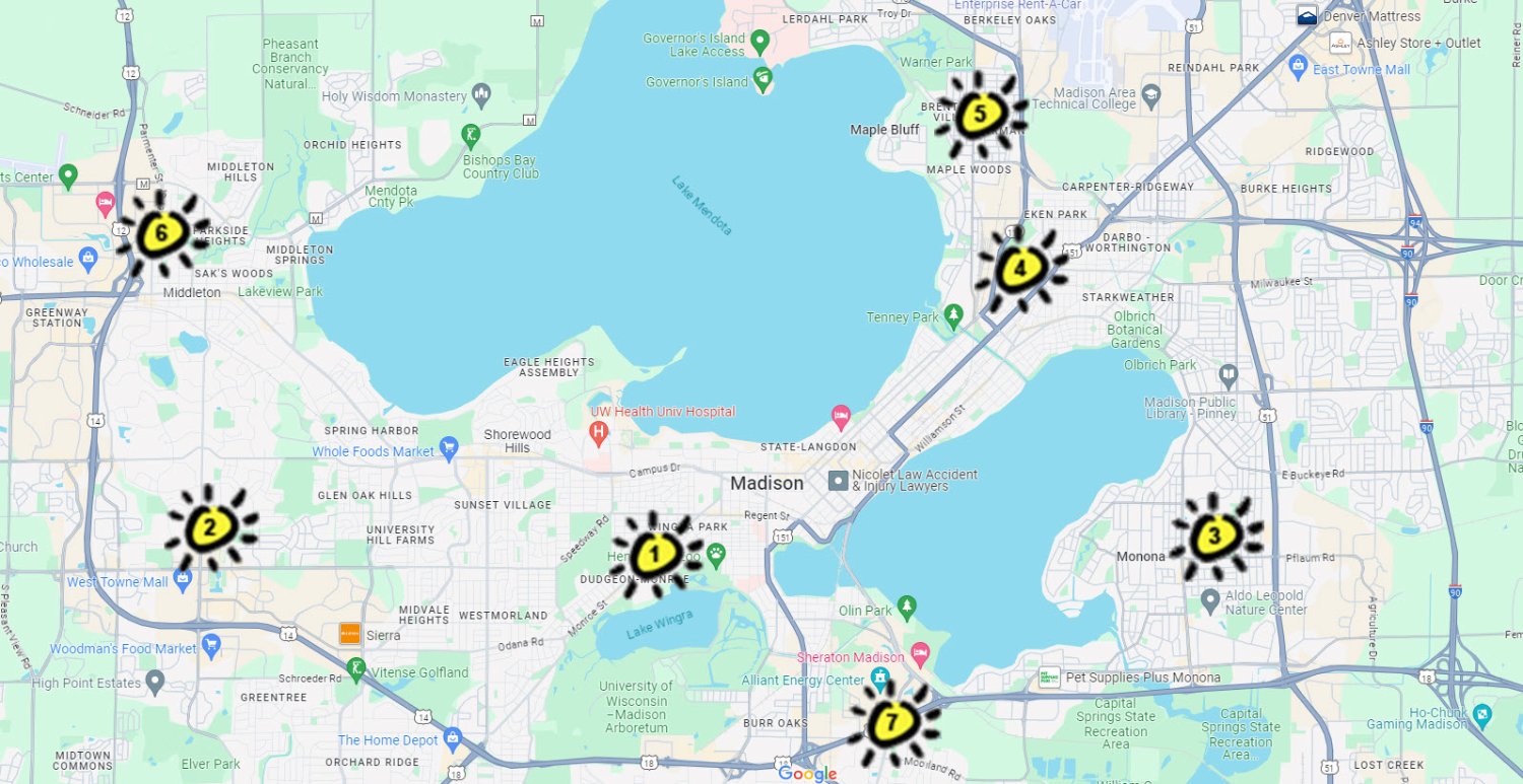 Map showing locations of solar installations at schools in the Madison area.