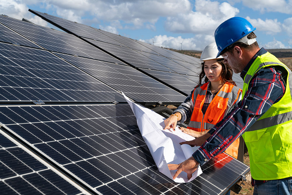 Engineers reviewing blueprint for solar array.