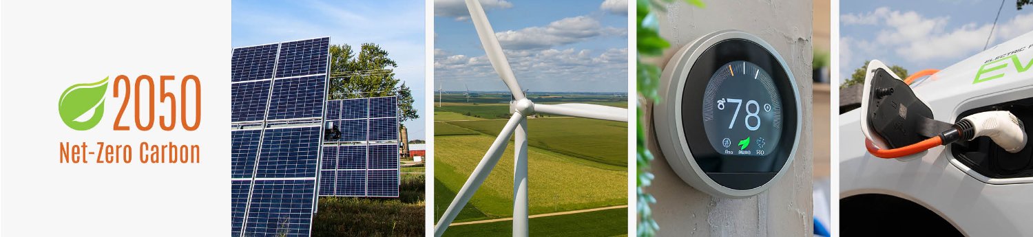 Image collage featuring the Energy 2050 logo, solar panels, a wind turbine, a smart thermostat and an electric vehicle plugged into a charger.